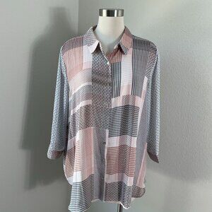 Jones & Co Womens Plus 2X Button Up Blouse Geometric Print 3/4 Sleeve Shirt